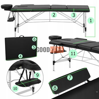 Розкладний, переносний стіл-ліжко для масажу, алюмінієва конструкція + сумка для перенесення, чорний